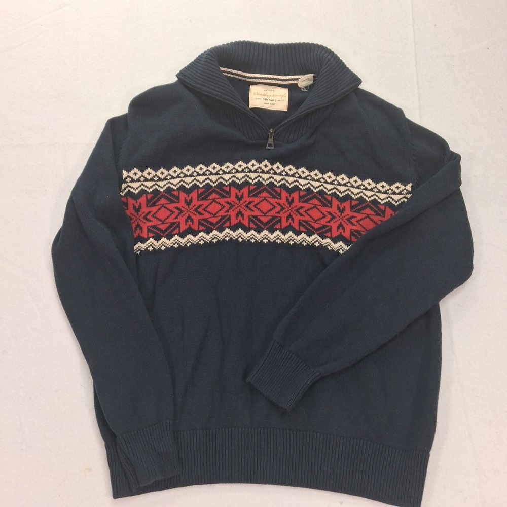Weatherproof Vintage Sweater Mens M Navy Blue Fair Isle Quarter Zip EUC